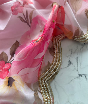 Primium Soft Orgenza Tebby Silk With Flower Digital Print and Handwork Arco Border