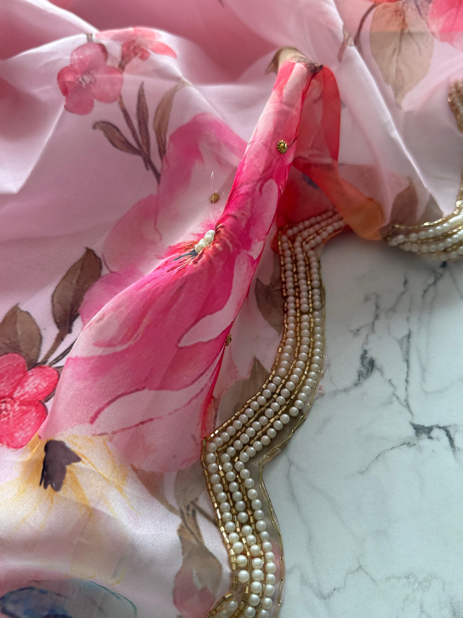 Primium Soft Orgenza Tebby Silk With Flower Digital Print and Handwork Arco Border