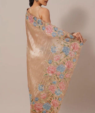 Pure Jimmicho Organza Tissue Fabric With Multi colour threads Embroidery & cutwork borders*