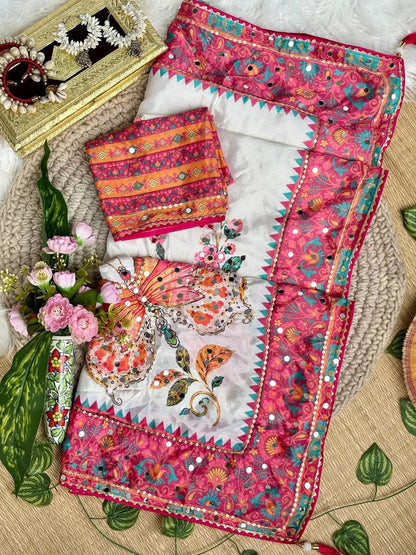 Soft Chinnon saree with hand ari work