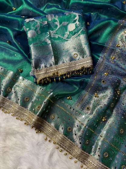 Tissue ghungroo saree with mirror work