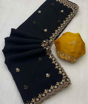 Chinnon silk Saree with Embroidery & Scalloped Border