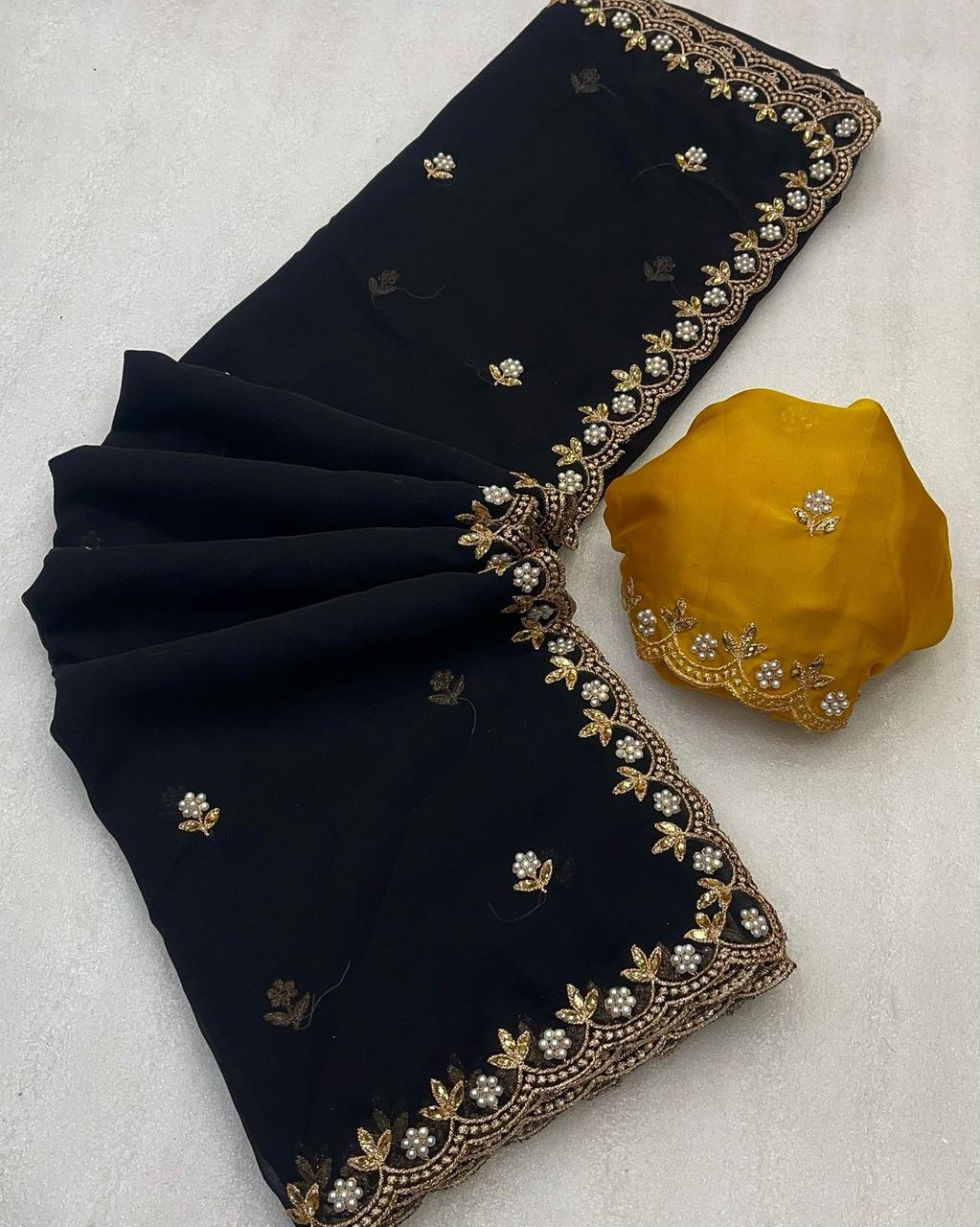 Chinnon silk Saree with Embroidery & Scalloped Border