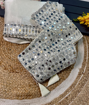 Satin Organza saree which is embedded with real mirror work Embroidery all