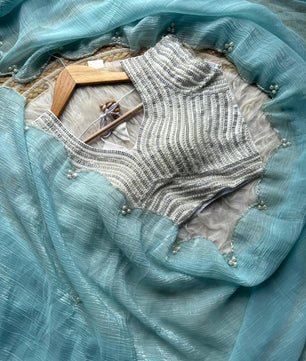 Crush Slik Sari With Stiched Blouse Fully Handwork Include Pearl