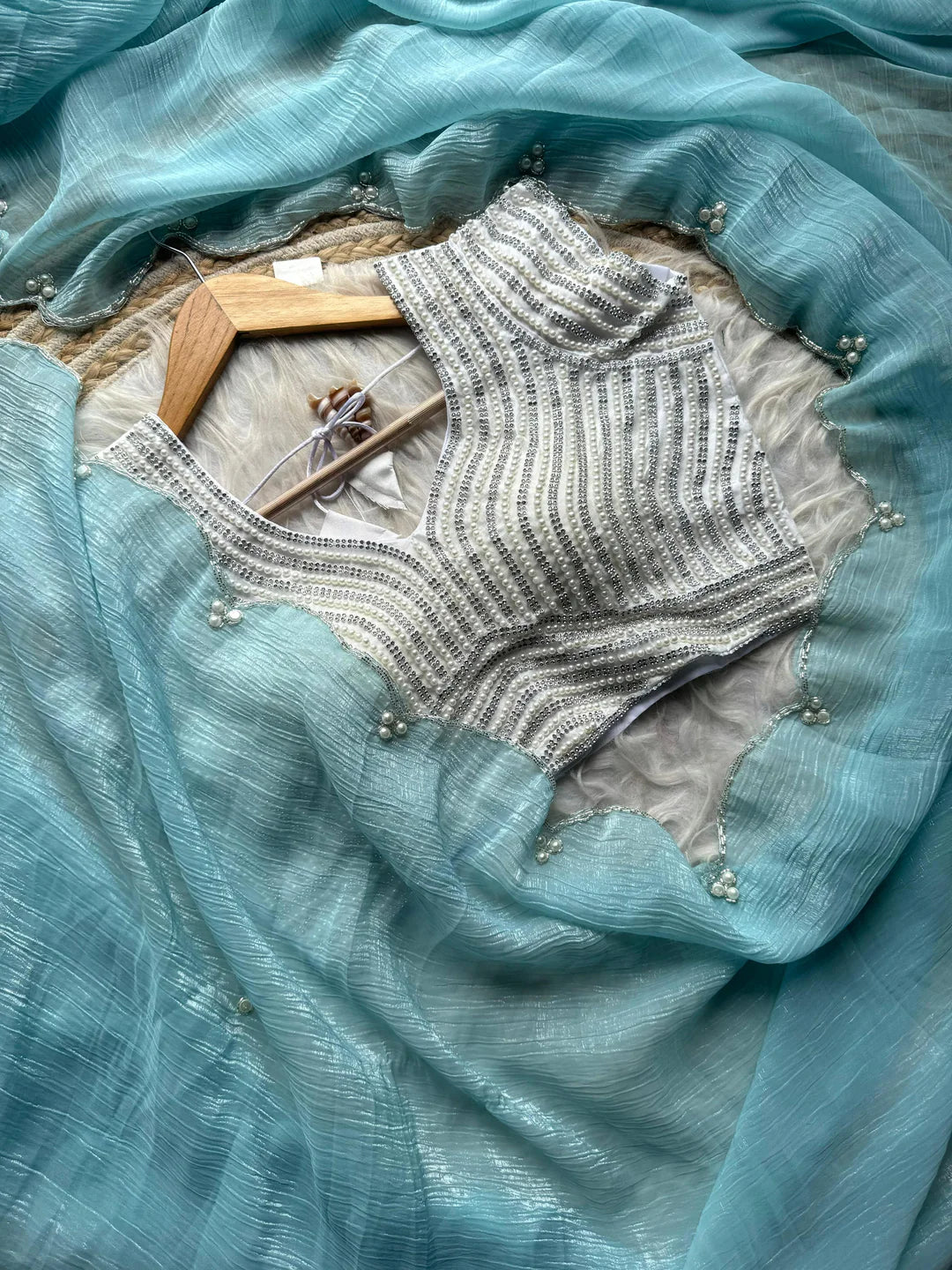 Crush Slik Sari With Stiched Blouse Fully Handwork Include Pearl