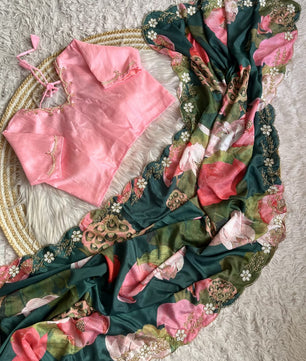 Fancy  Chinnon Silk Saree with floral print