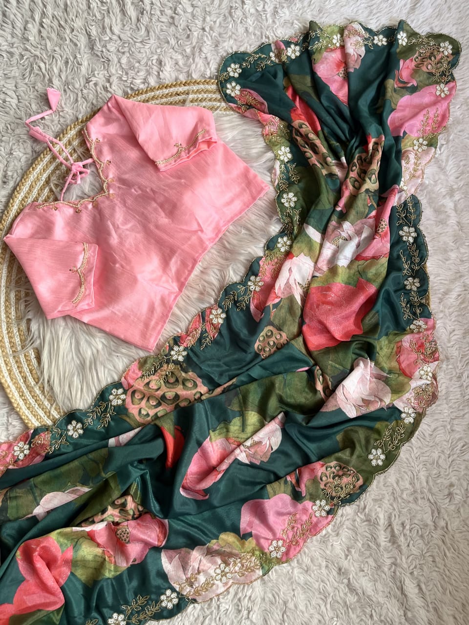 Fancy  Chinnon Silk Saree with floral print