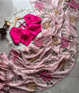 Tabby Silk Rose Print Peachy Pink Sari