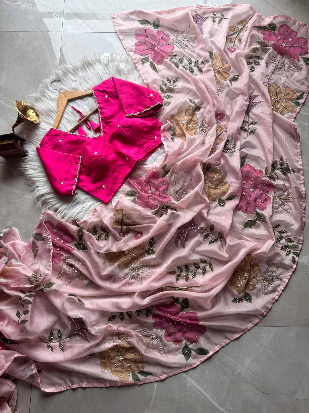 Tabby Silk Rose Print Peachy Pink Sari