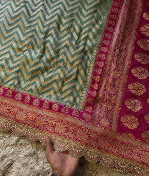 Katan Georgette Silk Saree with Scallop lace handwork, 
Latkan handwork pallu