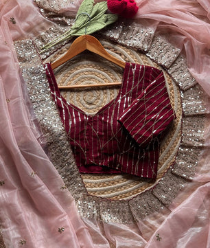 Tissue Silk Sari In Light Peach With Stiched Blouse