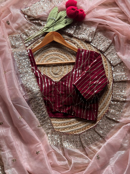 Tissue Silk Sari In Light Peach With Stiched Blouse