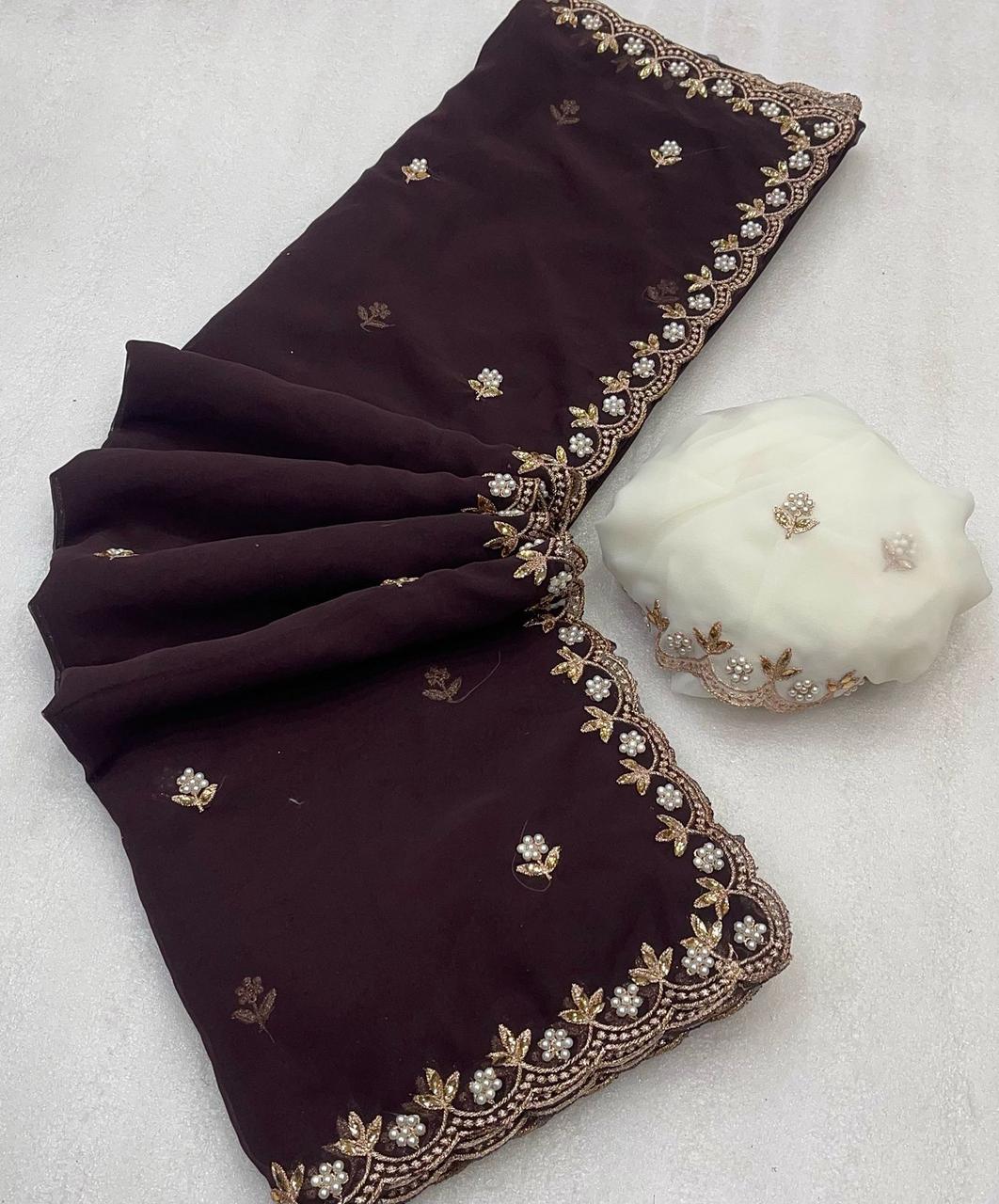 Chinnon silk Saree with Embroidery & Scalloped Border