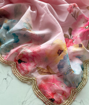 Primium Soft Orgenza Tebby Silk With Flower Digital Print and Handwork Arco Border