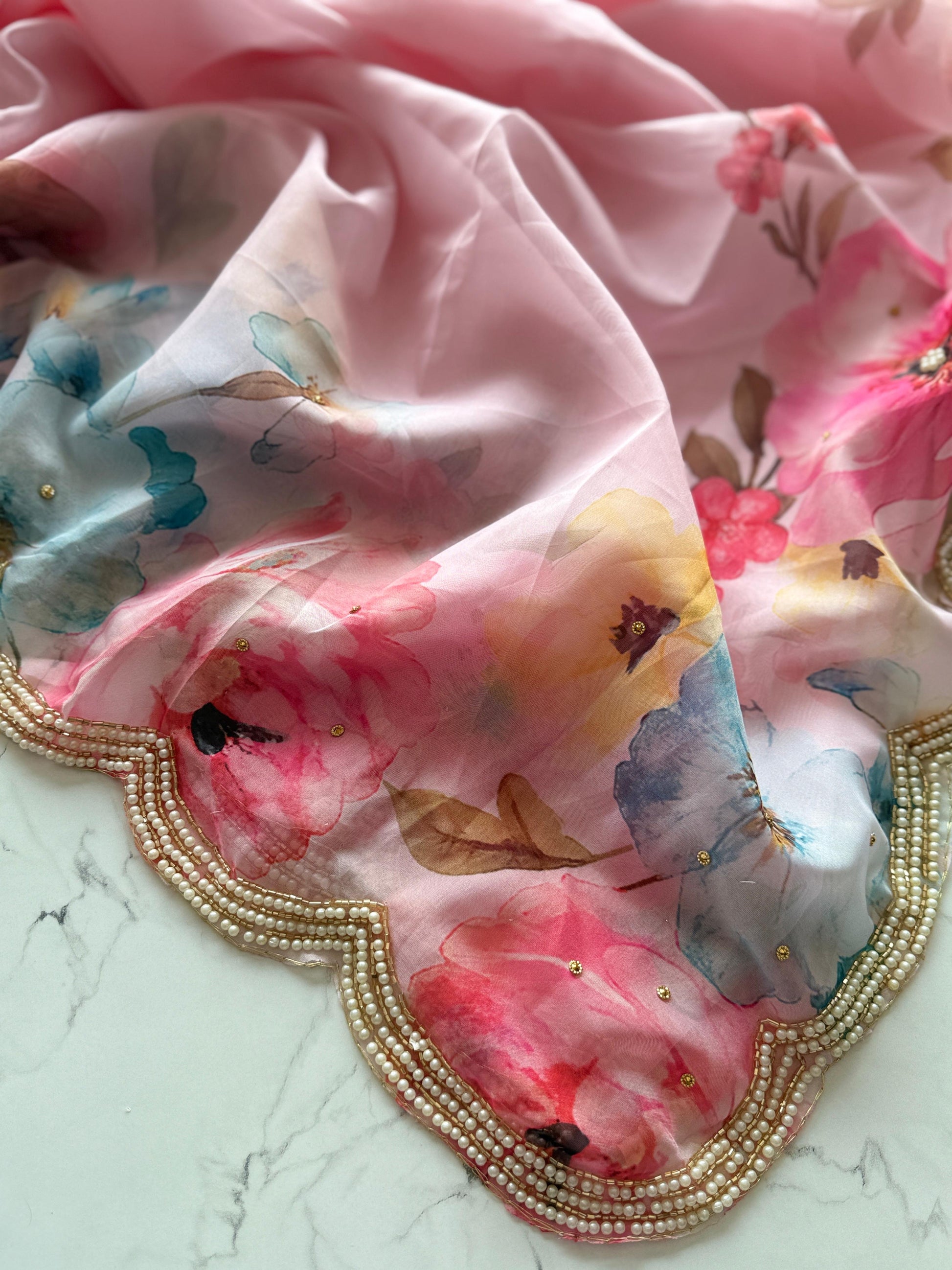 Primium Soft Orgenza Tebby Silk With Flower Digital Print and Handwork Arco Border