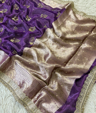 100%Pure Banarasi Tissue Saree with Hand Work on all over Body with Intricate Border and Pallu Design Along with Gotta Patti Lace Work