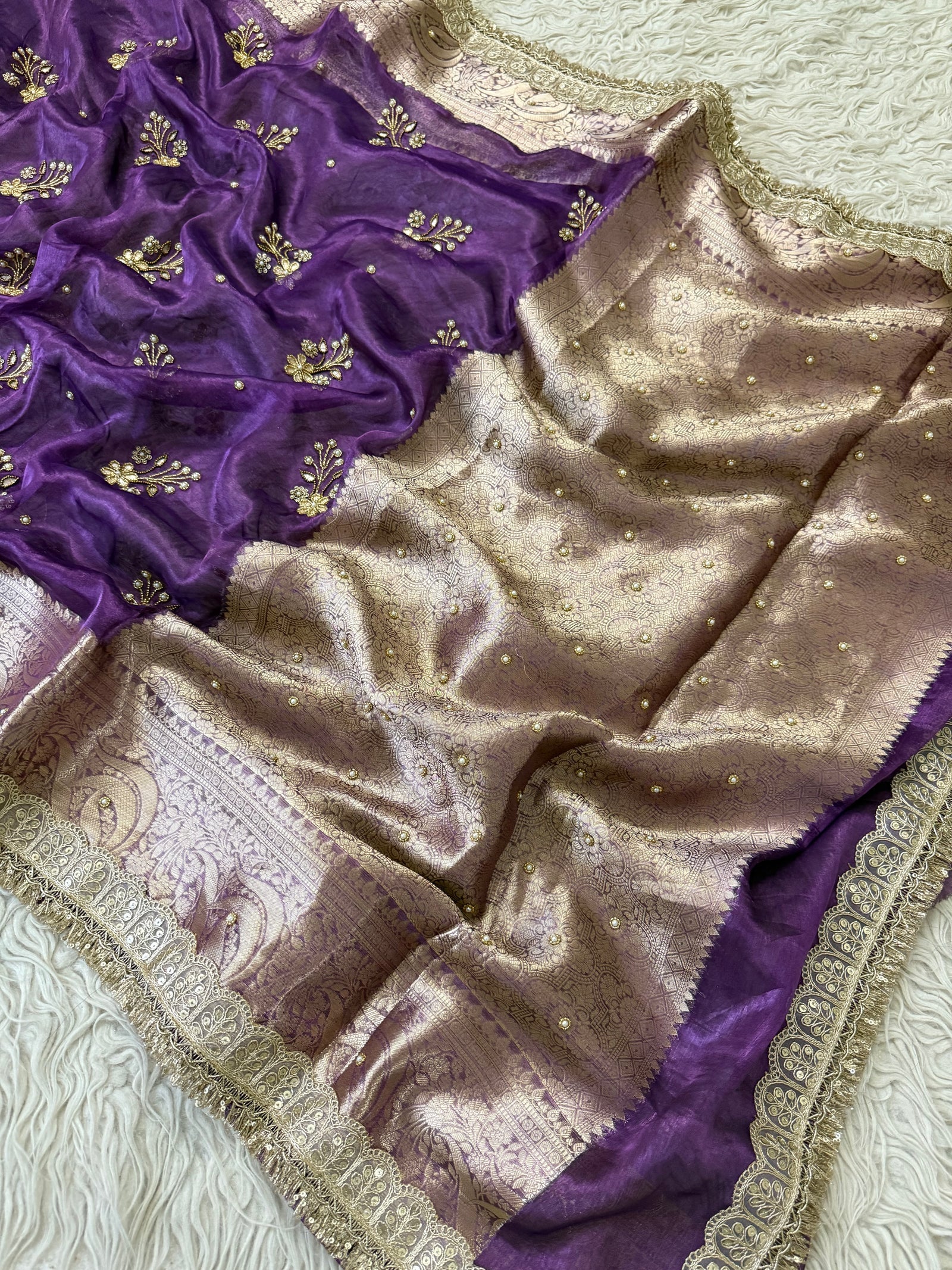 100%Pure Banarasi Tissue Saree with Hand Work on all over Body with Intricate Border and Pallu Design Along with Gotta Patti Lace Work