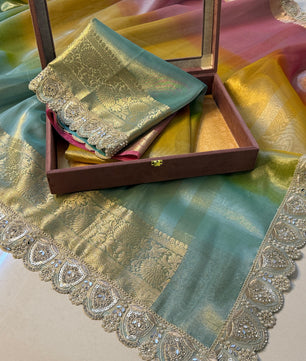 Premium 3D Multi Shade Glass Tissue Saree with Soft Mirror Lace Border