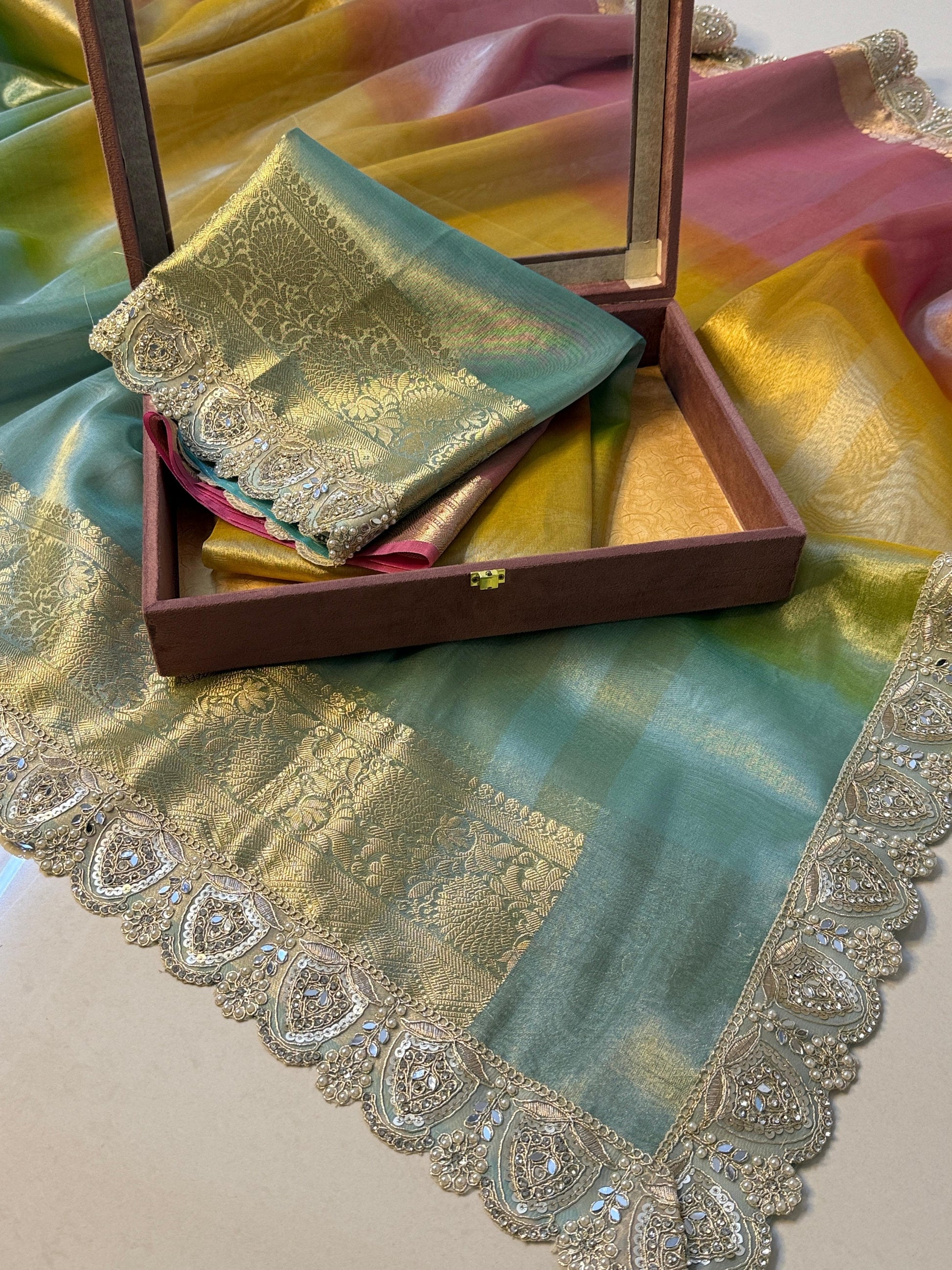 Premium 3D Multi Shade Glass Tissue Saree with Soft Mirror Lace Border