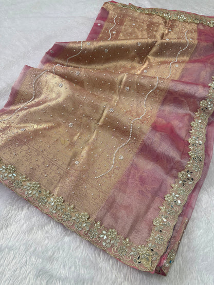 Premium soft pink tissue saree with heavy work