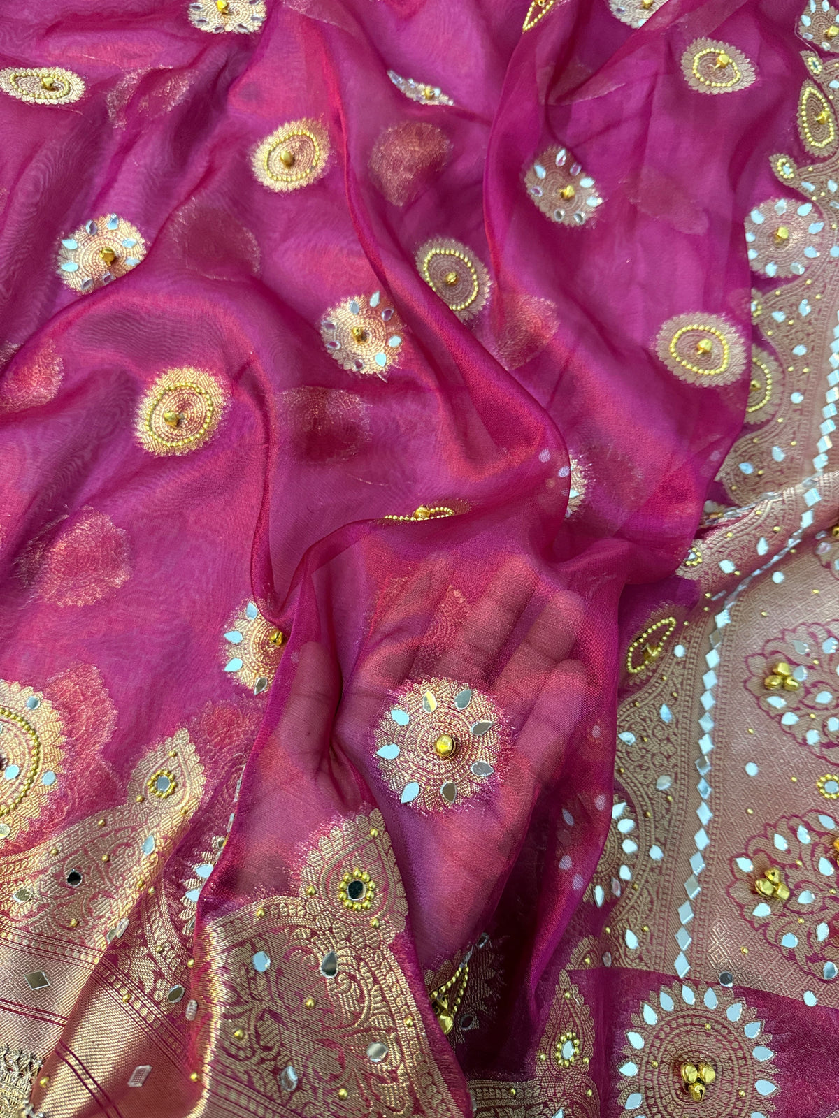 Metallic Banarasi Soft Glass Tissue Saree x Ghungroo Handwork x Lacework x Mirror & Moti Handwork