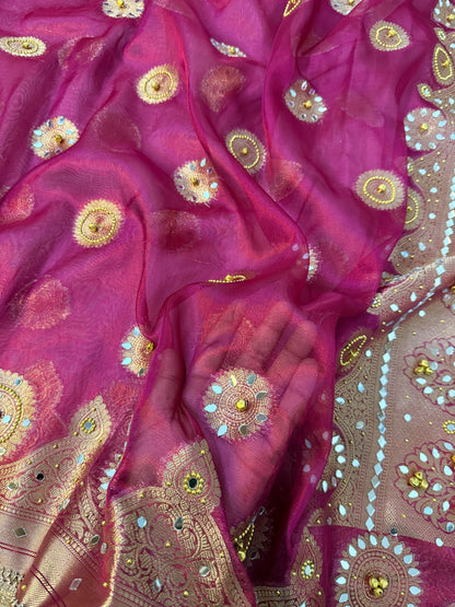 Metallic Banarasi Soft Glass Tissue Saree x Ghungroo Handwork x Lacework x Mirror & Moti Handwork