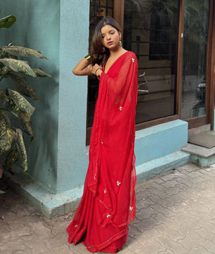 SOFT GEORGETTE DINNER SAREE WITH HANDWORK CUT DANA LEAF WITH SILVER CUT DANA HANDWORK