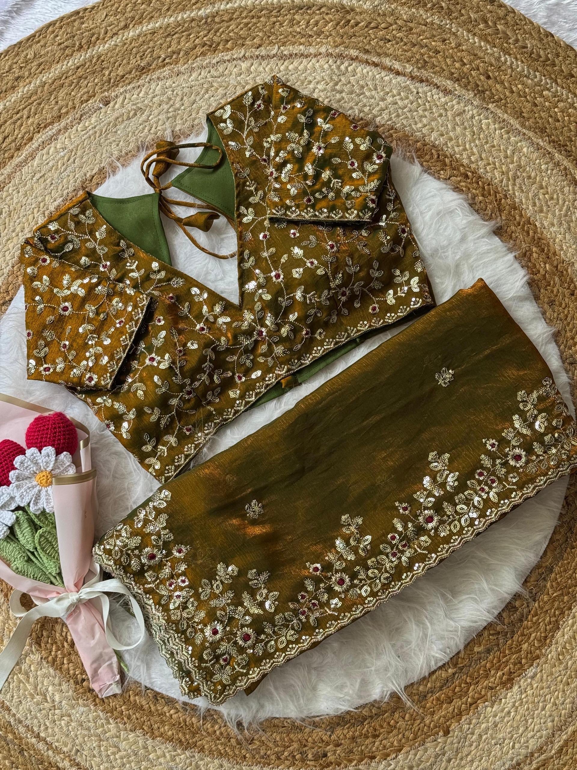 Soft Fendy Chiffon Saree With Heavy Embroidery Sequins And Thread Work All Over The Saree And Scallop Border*