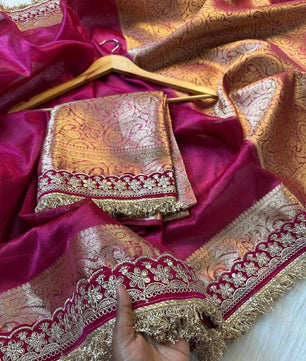 Banarasi Tissue Silk Saree with Velvet & Uljhi Lace Work Border
