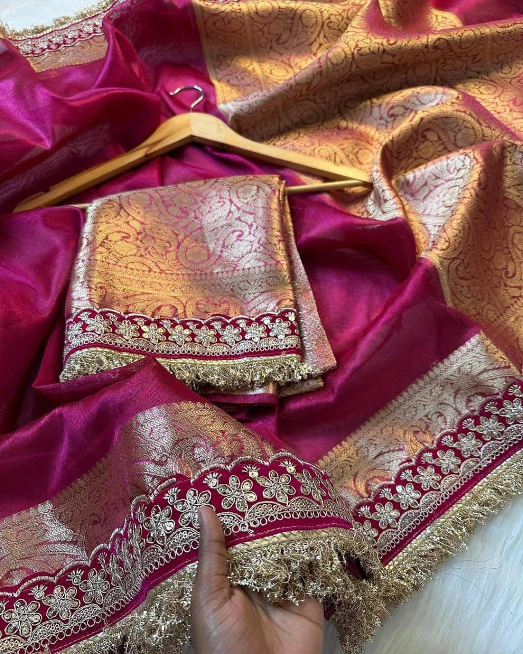 Banarasi Tissue Silk Saree with Velvet & Uljhi Lace Work Border