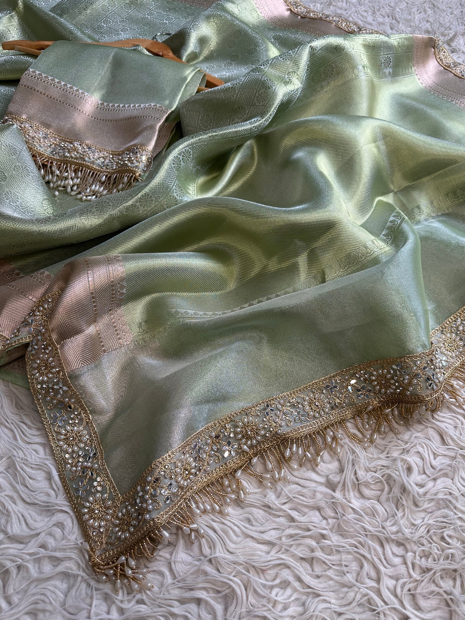 Pista green bridal Kanjeevaram brocade tissue saree