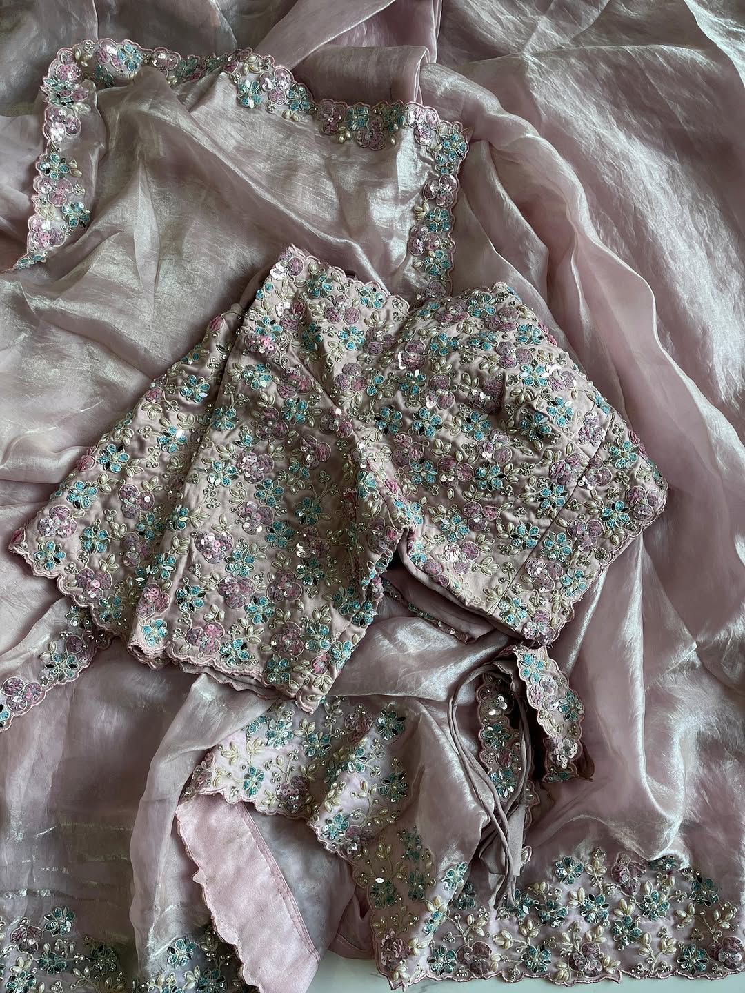 Premium Space silk saree with coding sequence & pearls work lace on either side of border