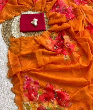 SUPER HIT FLOWER HANDWORK CUT DANA ROSE SOFT TABI ORGANZA HANDWORK SAREE*