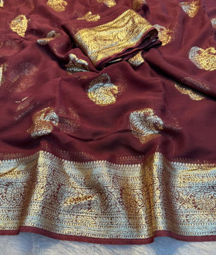 Pure Viscose Georgette Weaving Jacquard Saree With Contrast Color Blouse