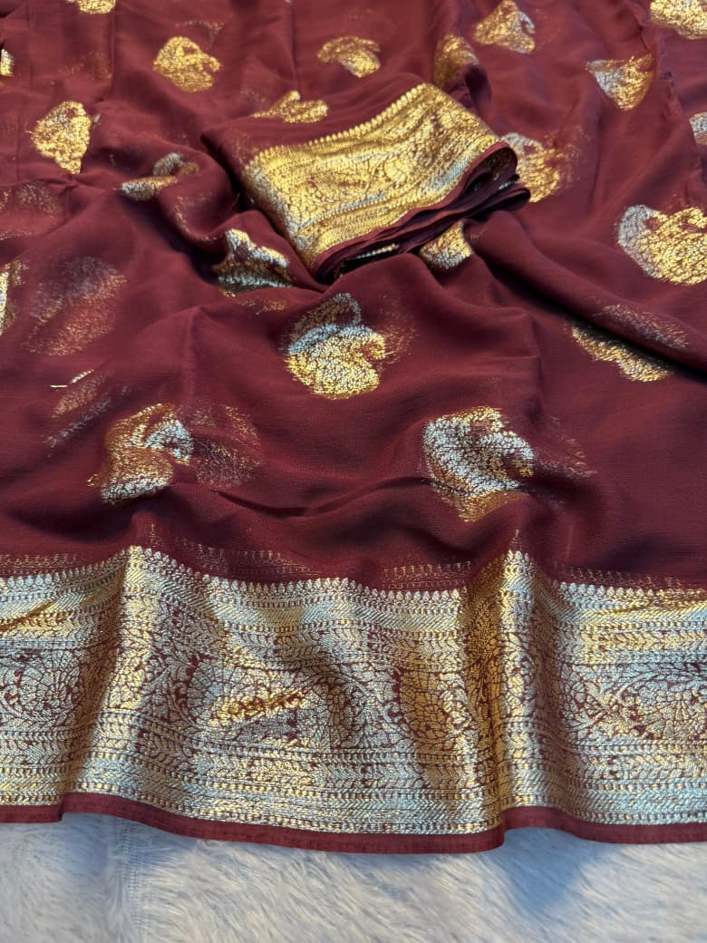 Pure Viscose Georgette Weaving Jacquard Saree With Contrast Color Blouse