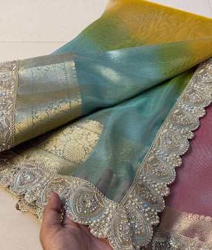 Premium 3D Multi Shade Glass Tissue Saree with Soft Mirror Lace Border
