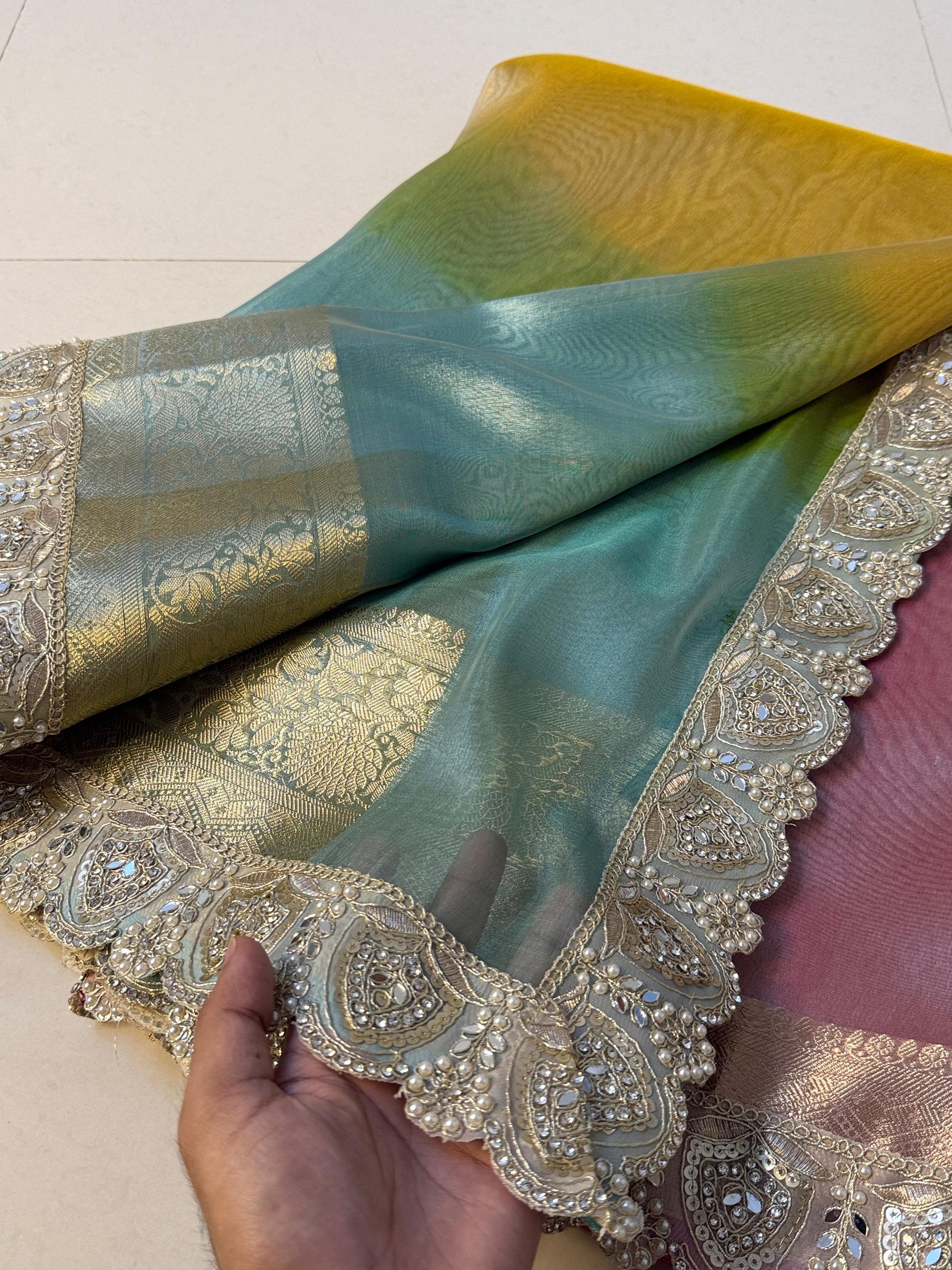Premium 3D Multi Shade Glass Tissue Saree with Soft Mirror Lace Border