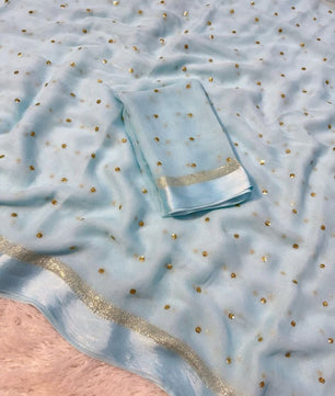 Premium Satin Patta Pure Viscose Georgette Saree with Sequins Butti & Designer Contrast Blouse