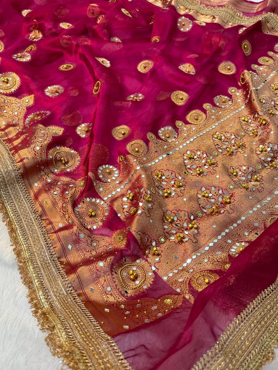 Metallic Banarasi Soft Glass Tissue Saree x Ghungroo Handwork x Lacework x Mirror & Moti Handwork