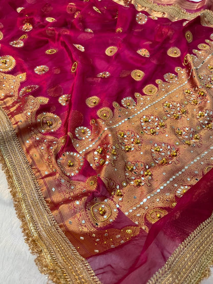 Metallic Banarasi Soft Glass Tissue Saree x Ghungroo Handwork x Lacework x Mirror & Moti Handwork