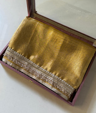 Two Tone Metallic Banarasi Tissue Soft Silk Saree with Gotapatti + Uljhan lace work