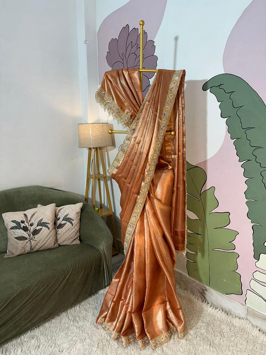 Rust Orange Bridal Kanjeevaram Brocade Tissue Saree with Designer Pearl and Mirror Lace Work Jhalar Lace on Pallu