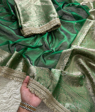 Bridal Tissue Saree with Designer Pearl and Mirror Lace Work Jhalar Lace on Pallu