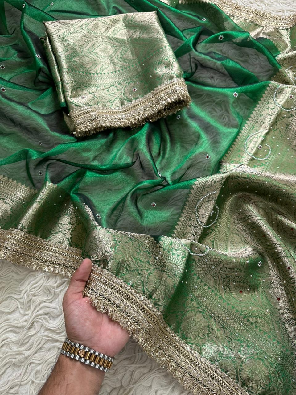 Bridal Tissue Saree with Designer Pearl and Mirror Lace Work Jhalar Lace on Pallu