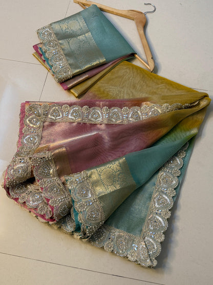 Premium 3D Multi Shade Glass Tissue Saree with Soft Mirror Lace Border