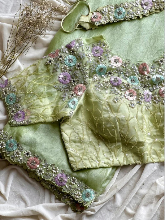 Ready-to-wear Pre-Drapped Saree with stitched designer Blouse.