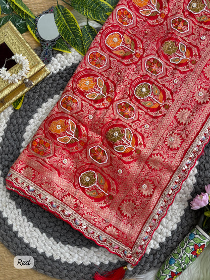 Pure Sartin saree with weaving &nbsp;jaquard nd mina work