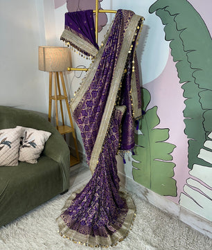 Purple Designer Georgette Katan Silk Saree with Gota Patti and Coin lace