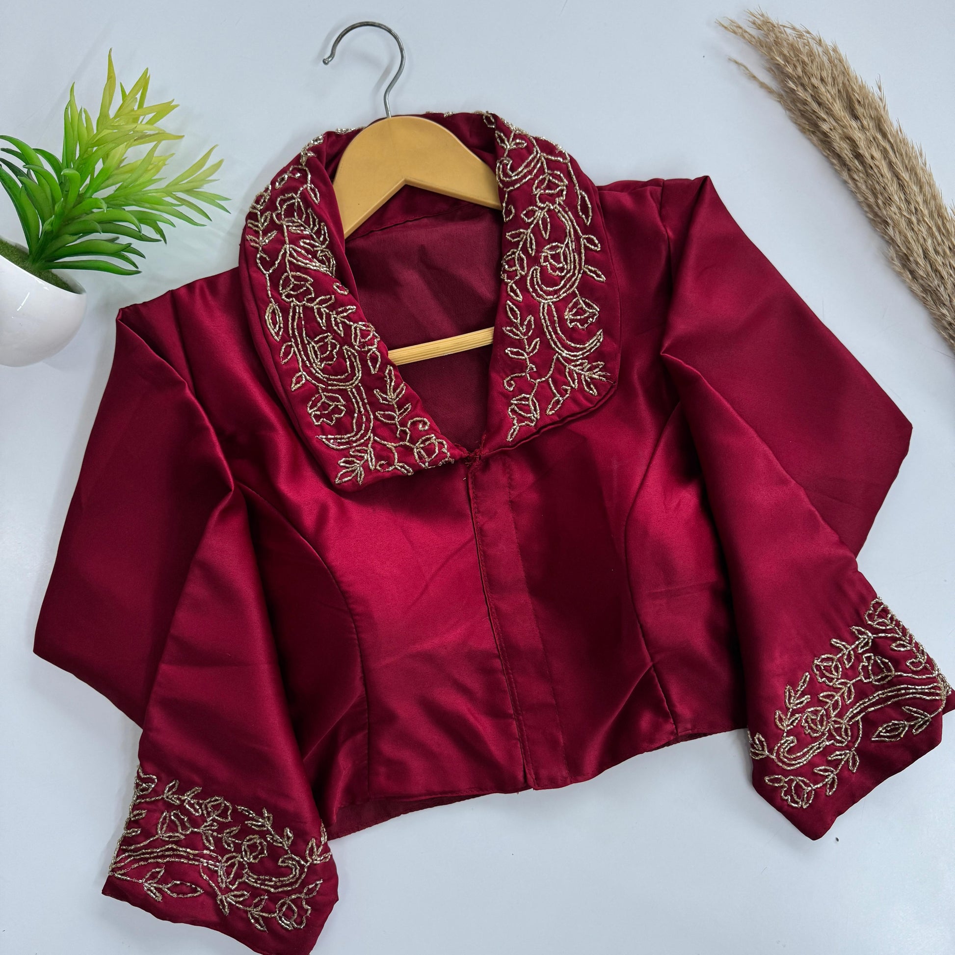 Beautiful handwork all over sleeve and collar in blouse
